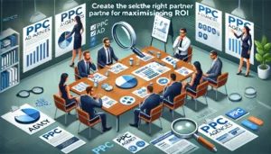Executives in a meeting reviewing PPC agencies with charts and documents