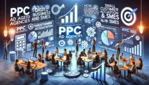  Digital marketing professionals and small business owners collaborate in a high-tech workspace, analyzing PPC data and growth charts.