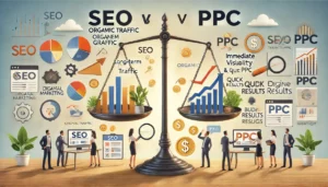 A balanced scale with SEO on one side and PPC on the other, surrounded by digital marketing elements, illustrating the synergy between SEO and PPC in maximizing online presence.