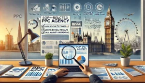 Professional researching and comparing PPC agencies on a laptop with documents spread on a desk, with the London skyline in the background.