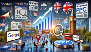 Bustling digital landscape with various businesses using Google ads PPC, upward-trending graphs, UK symbols, illustrating the surge in popularity of PPC advertising across the UK, illustrating Affordable PPC management services