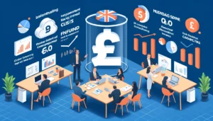 Collaborative workspace with business team and PPC professionals analyzing data, featuring pound signs, charts, graphs, and UK symbols.