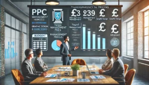 Digital marketing agency office with a clear pricing chart displayed on a large screen, showing management fees, additional costs, and tiered pricing models, with business professionals discussing.