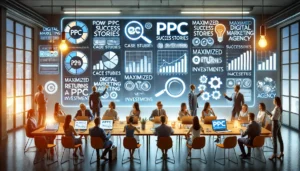 Digital marketing professionals analyzing PPC success stories with large screens displaying data analytics, charts, and success metrics.