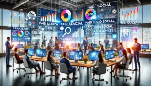 Professionals at Brainlabs, an industry-leading digital marketing agency, collaborating on campaigns with screens displaying various marketing analytics. This scene highlights ad agencies reviews influencers working on paid search, paid social, and SEO services.