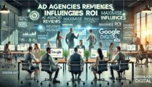 A professional team in a modern office setting working on Google advertising campaigns, analyzing data on screens and discussing strategies, highlighting Ad Agencies Reviews influencers.