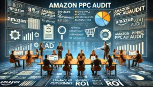 A professional team in a modern office environment conducting an Amazon PPC Audit, analyzing data on multiple screens and discussing strategies to enhance ad performance and maximize ROI, highlighting Amazon PPC Audits.