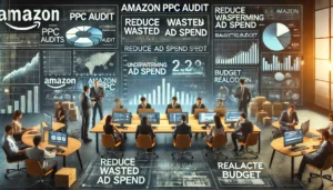 A professional team in a modern office environment conducting Amazon PPC Audits, meticulously analyzing data on screens to identify underperforming keywords and ads, aiming to reduce wasted ad spend and reallocate budget.