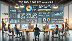 A professional team in a modern office environment using top tools for PPC analysis, including Google Ads PPC, Helium 10, Sellics, and Jungle Scout, to conduct Amazon PPC Audits and optimize bids effectively.