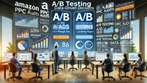 A professional team in a modern office environment conducting A/B testing for Amazon PPC Audits, comparing two versions of ads and landing pages on multiple screens to make data-driven decisions.