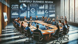 A diverse group of business professionals engaged in a Quarterly Business Review meeting, with charts and graphs displayed on a large screen. 