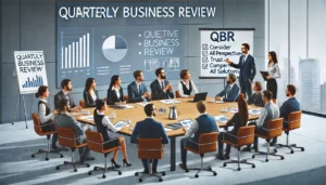 A diverse group of business professionals engaged in an effective Quarterly Business Review meeting, with active participation and open discussions.