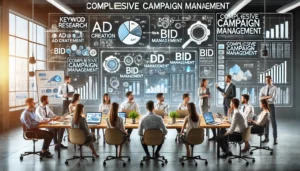 A digital marketing team working collaboratively in a modern office, focusing on campaign management. The scene includes a large screen displaying PPC metrics, charts, and graphs, with team members discussing keyword research, ad creation, bid management, and performance analysis.