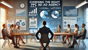 A business professional analysing a report with charts and graphs in a modern office, focusing on goals, budget, and target audience. The background includes a whiteboard with strategic notes and a computer displaying analytics.