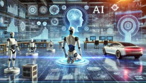 A futuristic setting with humanoid robots, digital interfaces displaying data analytics, and a self-driving car, highlighting various AI technologies.