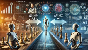 A futuristic scene depicting the shift from narrow AI, with specific tasks like playing chess and diagnosing diseases, to general AI capable of learning and reasoning across various domains.

