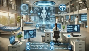 A futuristic healthcare setting with AI-driven diagnostic tools, virtual health assistants, and advanced medical technology enhancing patient care.