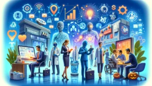 A dynamic scene illustrating the economic and social benefits of AI agents in different sectors. Professionals from business, healthcare, and finance are using AI tools, with robots assisting in various operations in the background, symbolising innovation and efficiency.