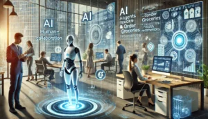 A futuristic scene showing human-AI collaboration in a modern office and smart home. AI agents handle routine tasks, allowing humans to focus on complex projects. AI-powered tools enhance productivity and foster innovation, while AI assistants manage daily tasks, making life more efficient.
