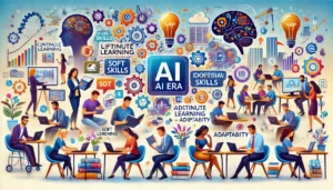A vibrant scene showing a diverse group of people engaged in various learning activities for the AI era. Some are in a tech workshop, others in soft skills training, and some studying independently. Visual elements like certificates and learning resources symbolize continuous learning, adaptability, and interdisciplinary skills.