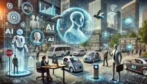 A futuristic scene showing predictions for the future impact of AI agents. People are interacting with AI assistants using advanced natural language processing. Autonomous vehicles operate in a modern cityscape, and AI agents in an office handle complex tasks while humans engage in creative and strategic work. The environment is filled with smart, responsive elements, making the surroundings more intelligent and adaptive.