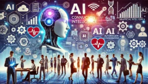 A scene showing the conclusion on artificial intelligence with AI agents making strides in healthcare, finance, and education. Professionals work alongside AI systems, symbolising the enhancement of human efforts. Icons represent intelligence, automation, and equity. The atmosphere blends excitement and contemplation, highlighting AI's thoughtful implementation for a brighter future.