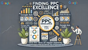 A modern and clean infographic explaining the importance of data analysis in achieving PPC Excellence, highlighting performance metrics, Google Ads audits, and the identification of trends, strengths, and weaknesses in PPC campaigns.