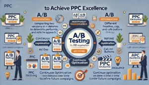 A modern and clean infographic explaining the implementation of A/B testing to achieve PPC Excellence, highlighting the comparison of different ad versions, continuous optimisation, and the importance of data-driven improvements in PPC campaigns.