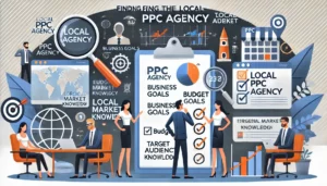 Business professional reviewing options for local PPC agencies with charts, checklists, and regional landmarks, illustrating targeted advertising success.
