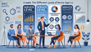 Business professional discussing service options with a PPC agency representative, featuring service level charts, communication icons, and support symbols.