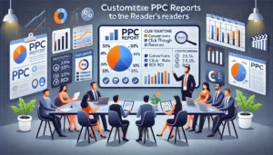 Digital marketing professional customizing a PPC report on a large screen, highlighting key metrics like conversions, click-through rates, and ROI, with colleagues discussing in the background.