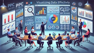 Digital marketing team creating and discussing compelling data visualizations on large screens, highlighting key PPC metrics such as conversions, click-through rates, and ROI.