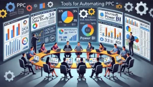 Digital marketing professionals using tools like Google Data Studio, Microsoft Power BI, and Tableau on large screens to create custom dashboards and reports, with pie charts, bar graphs, and line graphs.