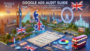 Google Ads Audit Guide illustration for UK businesses featuring a UK-themed digital landscape with elements like the Union Jack, famous UK landmarks such as Big Ben and the London Eye, and digital marketing symbols including graphs, charts, and Google Ads icons. A detailed roadmap or checklist is displayed in the foreground with keywords like maximize ad performance, ROI, compliance, and hidden opportunities. The text Google Ads Audit Guide: Did you know UK businesses are missing out on a significant percentage of potential conversions due to unoptimized Google Ads? is prominently featured.