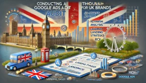 Conducting a thorough Google Ads audit for UK brands illustration featuring a UK-themed digital landscape with elements like the Union Jack, famous UK landmarks such as Big Ben and the London Eye, and digital marketing symbols including graphs, charts, and Google Ads icons. A detailed roadmap or checklist is displayed in the foreground with keywords like keyword analysis, ad copy, landing pages, bidding strategies, compliance, and ROI. The text Conducting a Thorough Google Ads Audit for UK Brands is prominently featured.