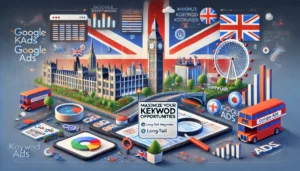 Maximize Your Keyword Opportunities illustration for Google Ads featuring a UK-themed digital landscape with elements like the Union Jack, famous UK landmarks such as Big Ben and the London Eye, and digital marketing symbols including graphs, charts, and Google Ads icons. In the foreground, tools like Google Keyword Planner and SEMrush are displayed, with a London PPC agency providing localized insights. The benefits of long-tail keywords are highlighted.