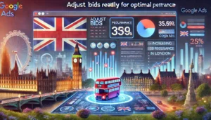 Adjust Bids Regularly for Optimal Performance illustration for Google Ads featuring a UK-themed digital landscape with elements like the Union Jack, famous UK landmarks such as Big Ben and the London Eye, and digital marketing symbols including graphs, charts, and Google Ads icons. In the foreground, a dashboard with bidding strategies is shown, highlighting the concept of increasing or decreasing bids based on performance data, with an example of increasing bids for ads performing well in London.