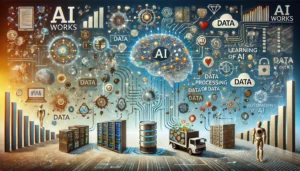 A visually engaging scene explaining how AI works, with a focus on data as the lifeblood of AI. The image features data streams, servers, data processing units, neural networks, machine learning models, and AI algorithms. The background includes digital graphics and real-world applications like smart devices and autonomous machines.