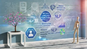 A visually engaging scene explaining the concept of Natural Language Processing (NLP), featuring text data, speech recognition, and language translation elements. The images include algorithms processing text, speech-to-text conversions, and machine learning models analysing language, with digital graphics and real-world applications like virtual assistants, chatbots, and translation devices.