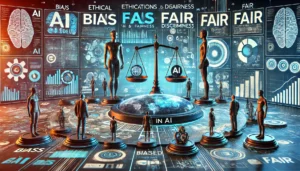 A visually engaging scene addressing ethical considerations in AI, featuring elements like AI models, data streams, fairness scales, and justice symbols. The image highlights instances of bias and discrimination, contrasting biased versus fair AI outcomes, with digital graphics and real-world applications illustrating the impact of bias.