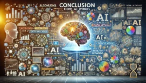 A visually engaging scene summarising how AI works, featuring elements like algorithms, data analysis, and predictive models. The image includes data streams, neural networks, and AI learning processes, with digital graphics and real-world applications in finance and healthcare, highlighting AI's transformative potential. 