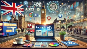 A dynamic scene showcasing Google AdWords PPC for UK businesses, featuring a laptop displaying Google Ads dashboards, UK business icons, and digital marketing tools. The background includes iconic UK landmarks like Big Ben and a bustling market. Visual elements of ad copy, landing pages, and targeting options are prominently displayed. 