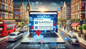 A dynamic scene illustrating Google Local Ads for UK businesses, featuring a laptop displaying Google search results with the 'Local Pack' highlighted. Surrounding elements include icons for Google My Business, NAP details, business hours, and customer reviews. The background shows a bustling UK high street with iconic landmarks.