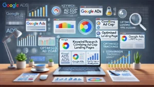 A visually engaging scene illustrating the key steps to optimising a Google Ads PPC account, featuring a digital workspace with a laptop displaying Google Ads dashboards. Surrounding elements represent keyword research, ad copy, optimised landing pages, conversion tracking, and performance analysis, with icons and charts.