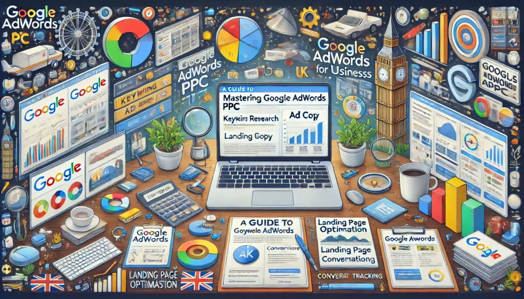 A visually comprehensive scene illustrating a guide to mastering Google AdWords PPC for UK businesses. The image features a detailed workspace with a laptop displaying Google AdWords dashboards, surrounded by digital marketing tools and guides. Elements include keyword research, ad copy, landing page optimisation, conversion tracking, and performance analysis, with UK landmarks in the background.