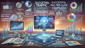 Successful Pay-Per-Click Campaigns illustration featuring a dynamic digital landscape with computer screens, graphs, charts, and digital marketing symbols including Google Ads icons. A detailed roadmap or checklist highlights keywords such as targeting traffic, business goals, basic understanding, and advanced techniques. The text Successful Pay-Per-Click Campaigns is prominently displayed.