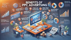 Benefits of PPC Advertising illustration featuring a digital marketing landscape with computer screens, graphs, charts, and Google Ads icons. A detailed checklist highlights key benefits such as immediate visibility, precise targeting, measurable results, budget control, and cost-effectiveness. The text Benefits of PPC Advertising is prominently displayed.