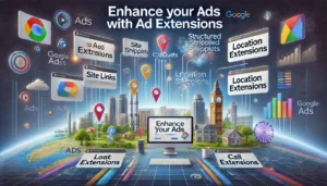 Enhance Your Ads with Ad Extensions illustration featuring a digital marketing landscape with computer screens, graphs, charts, and Google Ads icons. Various ad extensions are displayed, including site links, callouts, structured snippets, location extensions, and call extensions. Examples include a London PPC agency using location extensions and Google ads agencies using call extensions. The text Enhance Your Ads with Ad Extensions is prominently displayed.