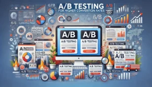 A/B Testing for Higher Conversion Rates illustration featuring a digital marketing landscape with computer screens, graphs, charts, and testing symbols. Two versions of a landing page are shown side by side with different elements highlighted, such as headlines, CTAs, and images. Symbols for A/B testing and data analysis are included. The text A/B Testing for Higher Conversion Rates is prominently displayed.