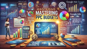 Mastering PPC Budgets illustration featuring a dynamic digital marketing landscape with computer screens, graphs, charts, and Google Ads icons. Budget planning tools, currency symbols, and visualizations of ad spend management are displayed, highlighting elements such as creative ad copy, strategic targeting, and effective budget plans. The text Mastering PPC Budgets is prominently displayed.